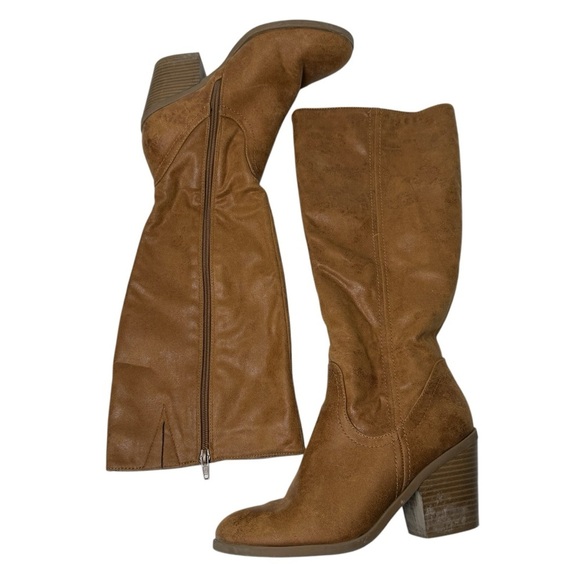 Ruff Hewn Boots 3” Block Heel Knee High Zip Close Tan Faux Leather 90s Y2K Club - Picture 9 of 10
